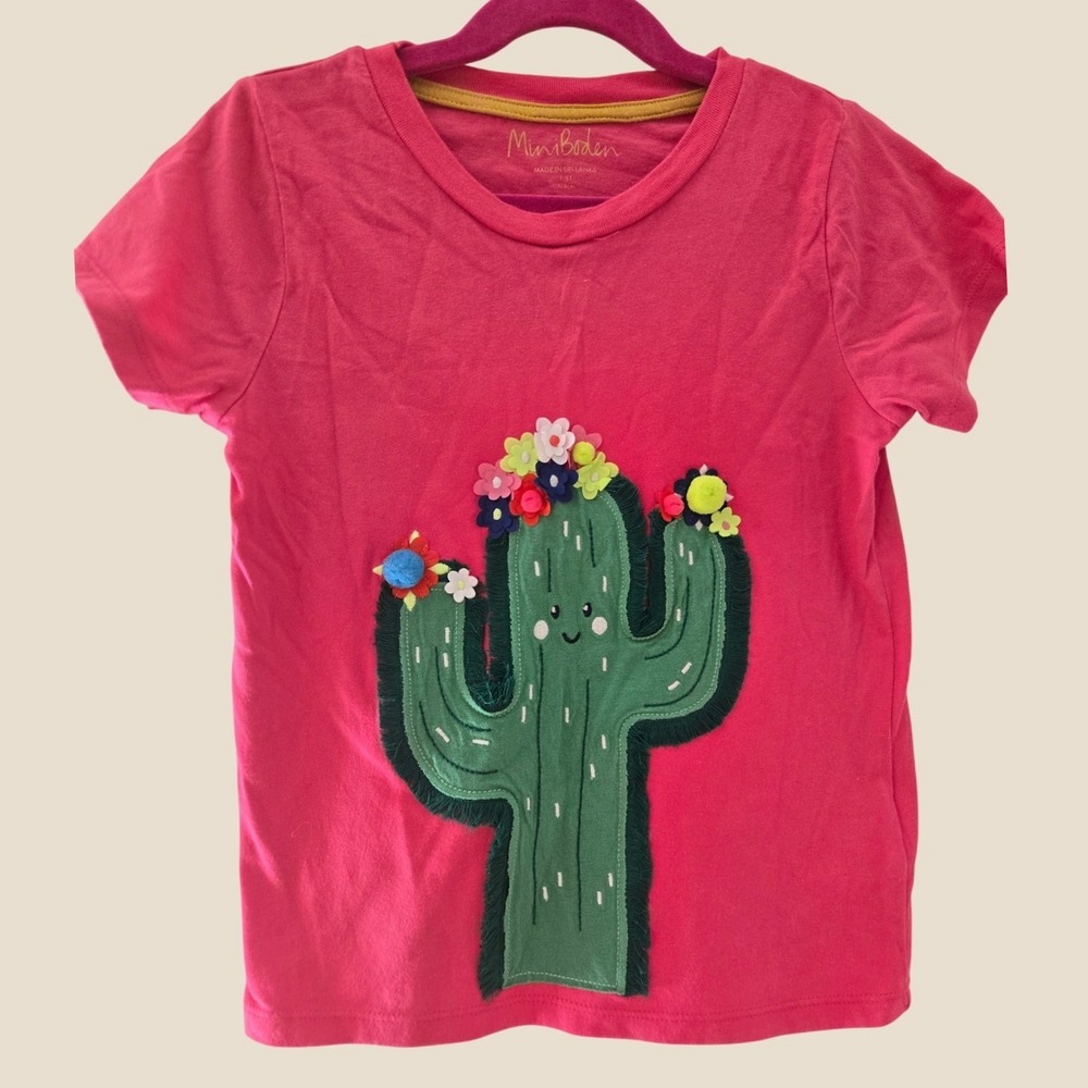 Mini Boden Girls Pink Cactus Graphic Tee 3D Floral Pom Pom Shirt Size 7-8Y